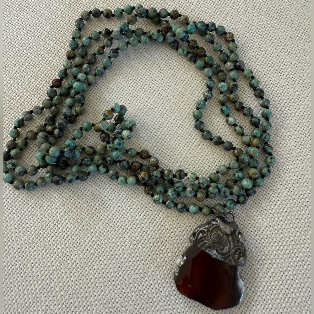 Multicolored Green Beaded Necklace with Amber/Silver Pendant